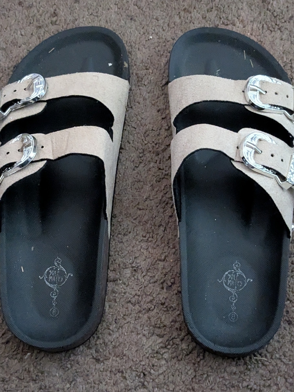Women’s Dual-Buckle Slip-On Sandals in Beige and Black "Buy Something Else